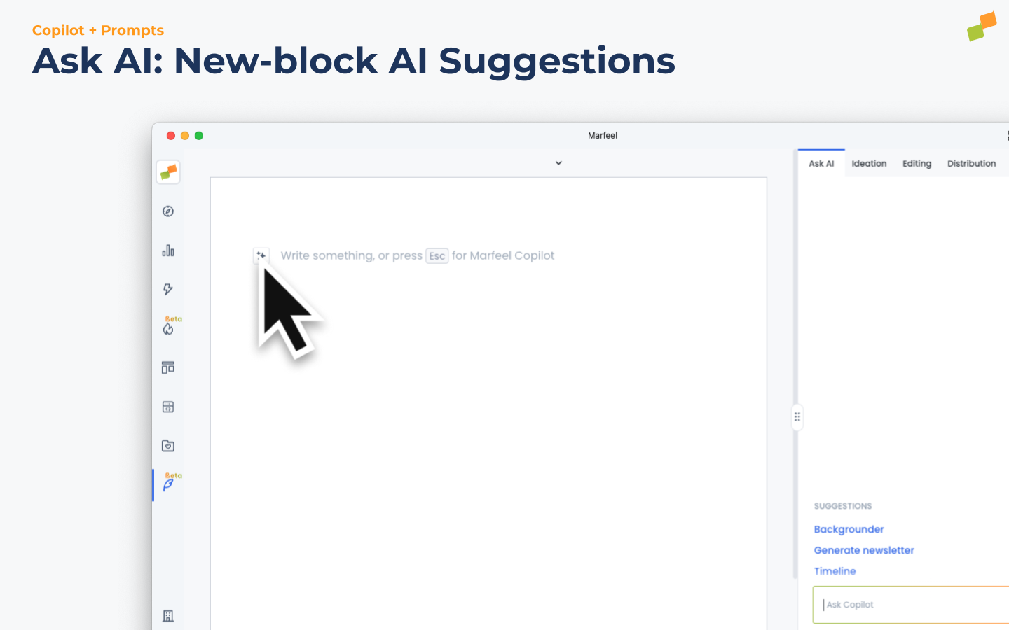 Ask AI new-block interface showing Backgrounder and Timeliner options