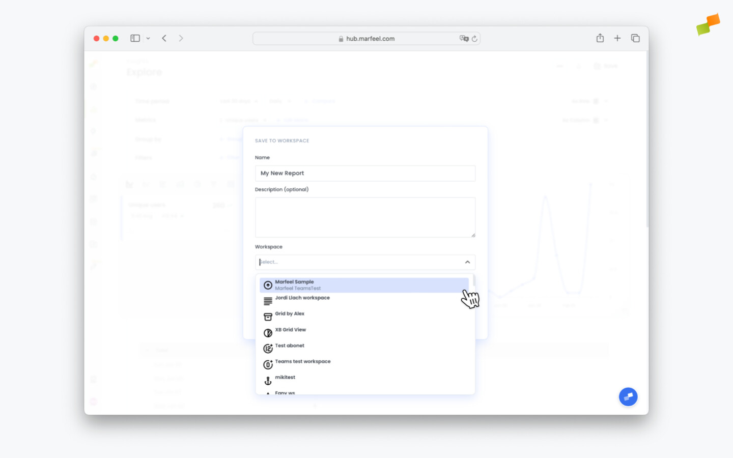 Dialog for naming a report, adding a description, and selecting a destination workspace|690x431