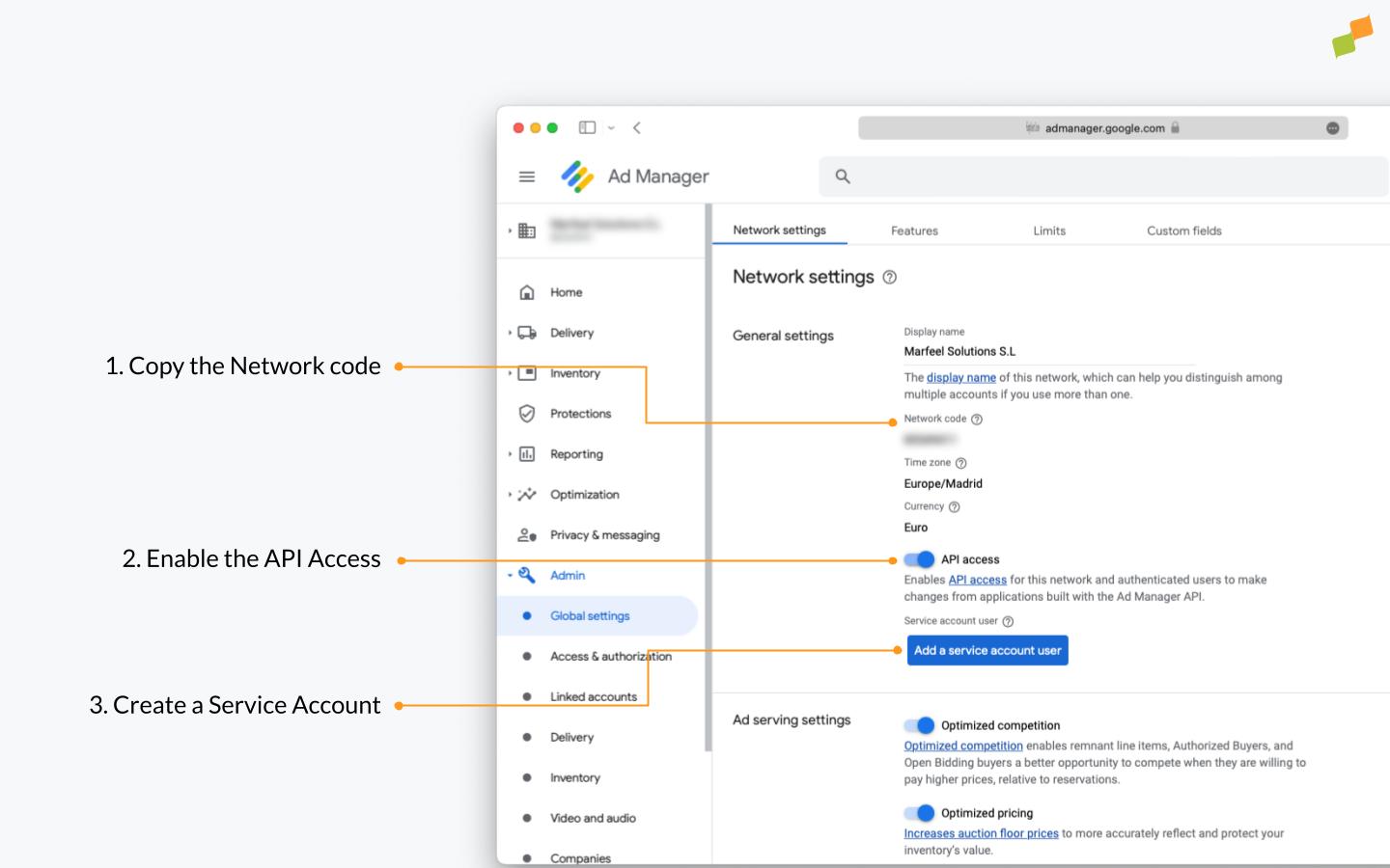 Google Ad Manager Global Settings screen showing API Access toggle and service account setup fields|690x431