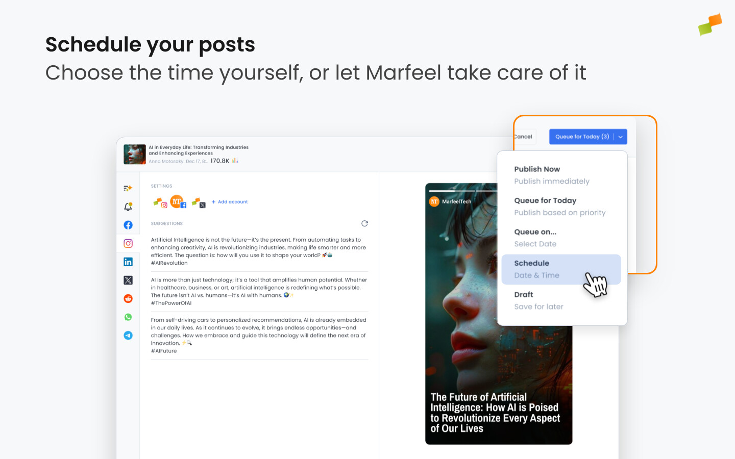 Publishing options showing schedule, queue, and publish now buttons