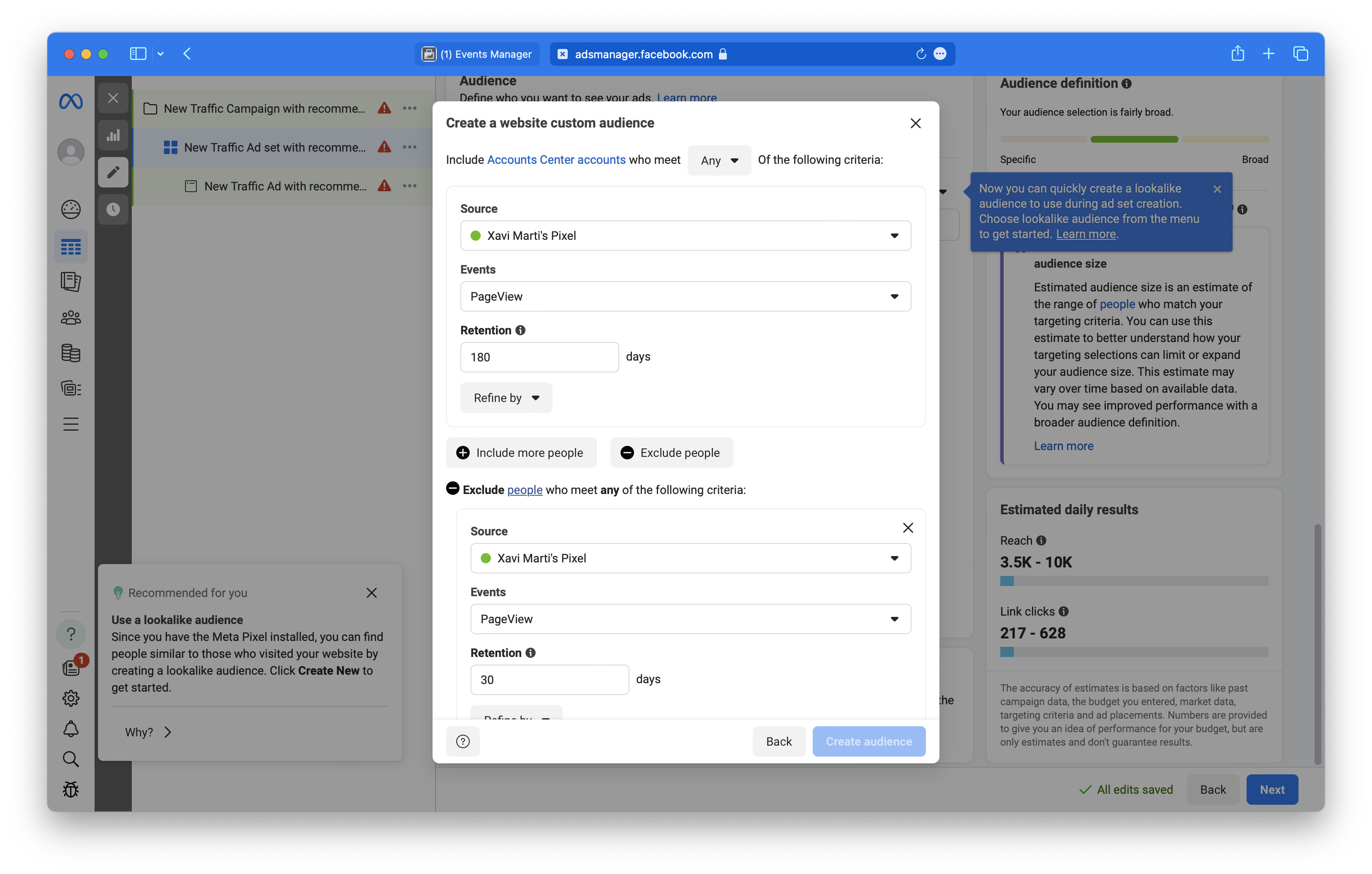 Custom audience configuration showing include and exclude rules|690x439