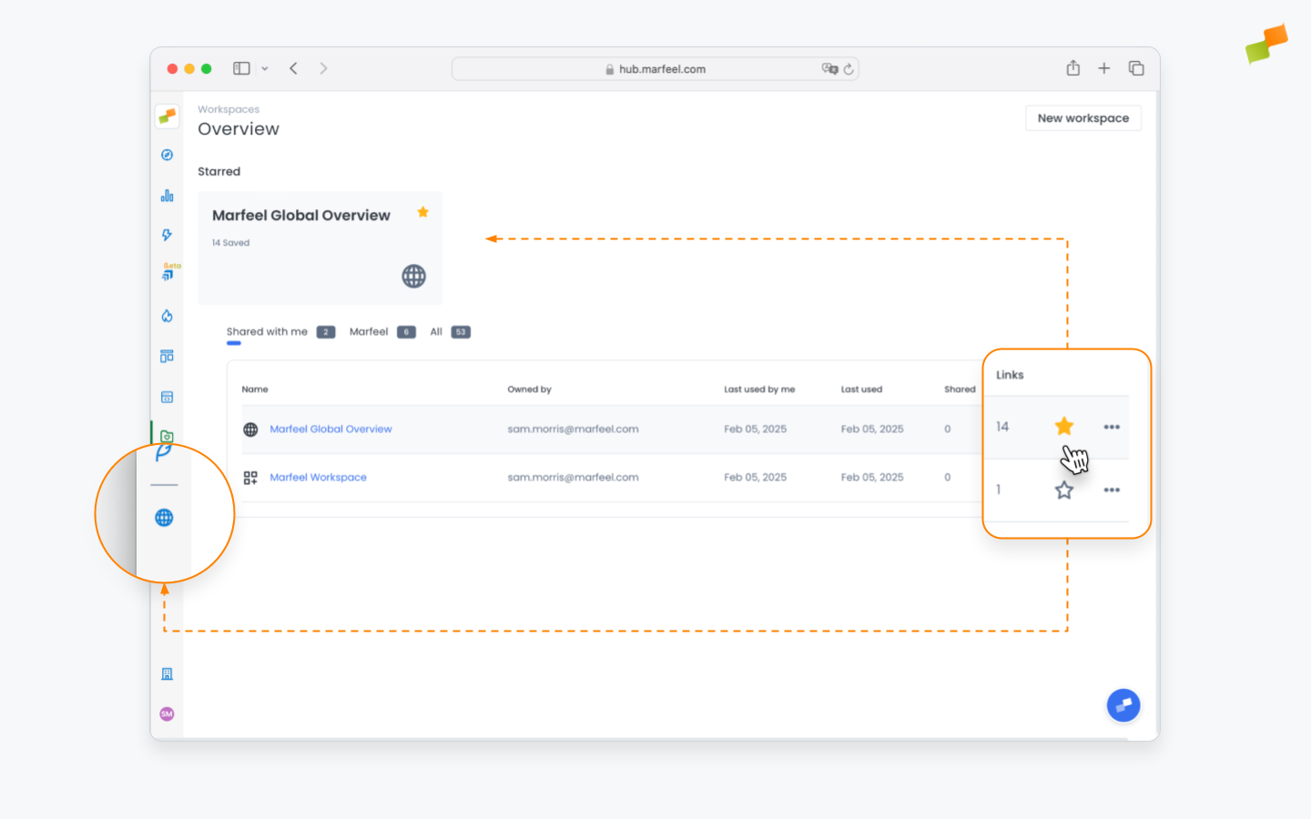 Star icon for favoriting and pinning a workspace to the left menu bar|690x431
