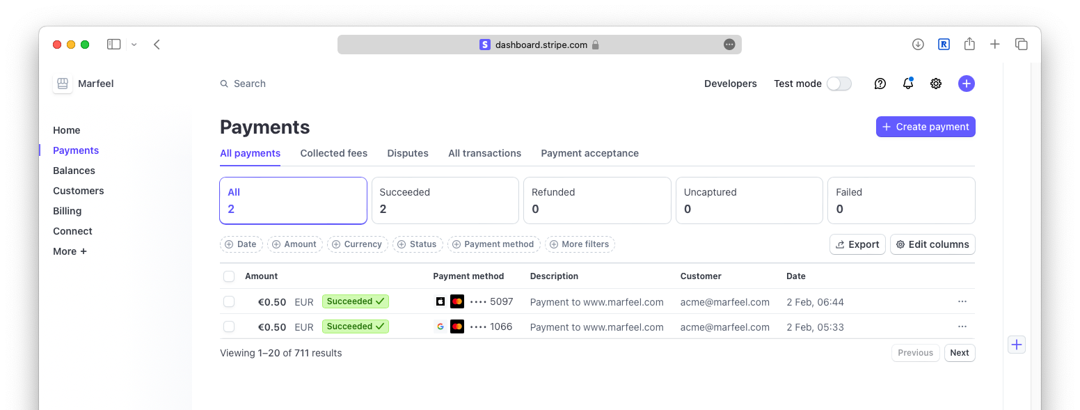 Stripe dashboard displaying MarfeelPass payment transactions|690x261