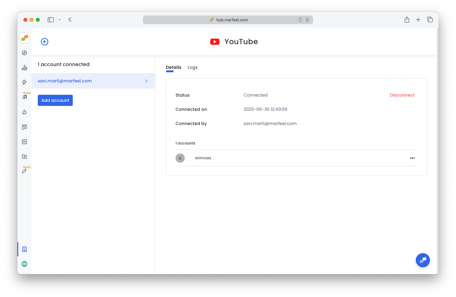 Connected YouTube integration showing the linked channel in Marfeel|690x450