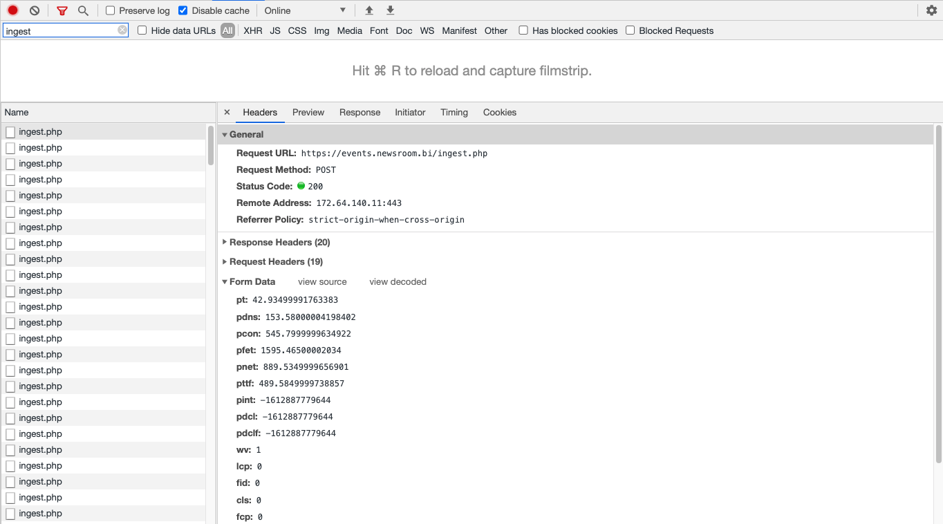 Browser Network tab showing Marfeel ingest request parameters sent to Compass|690x383
