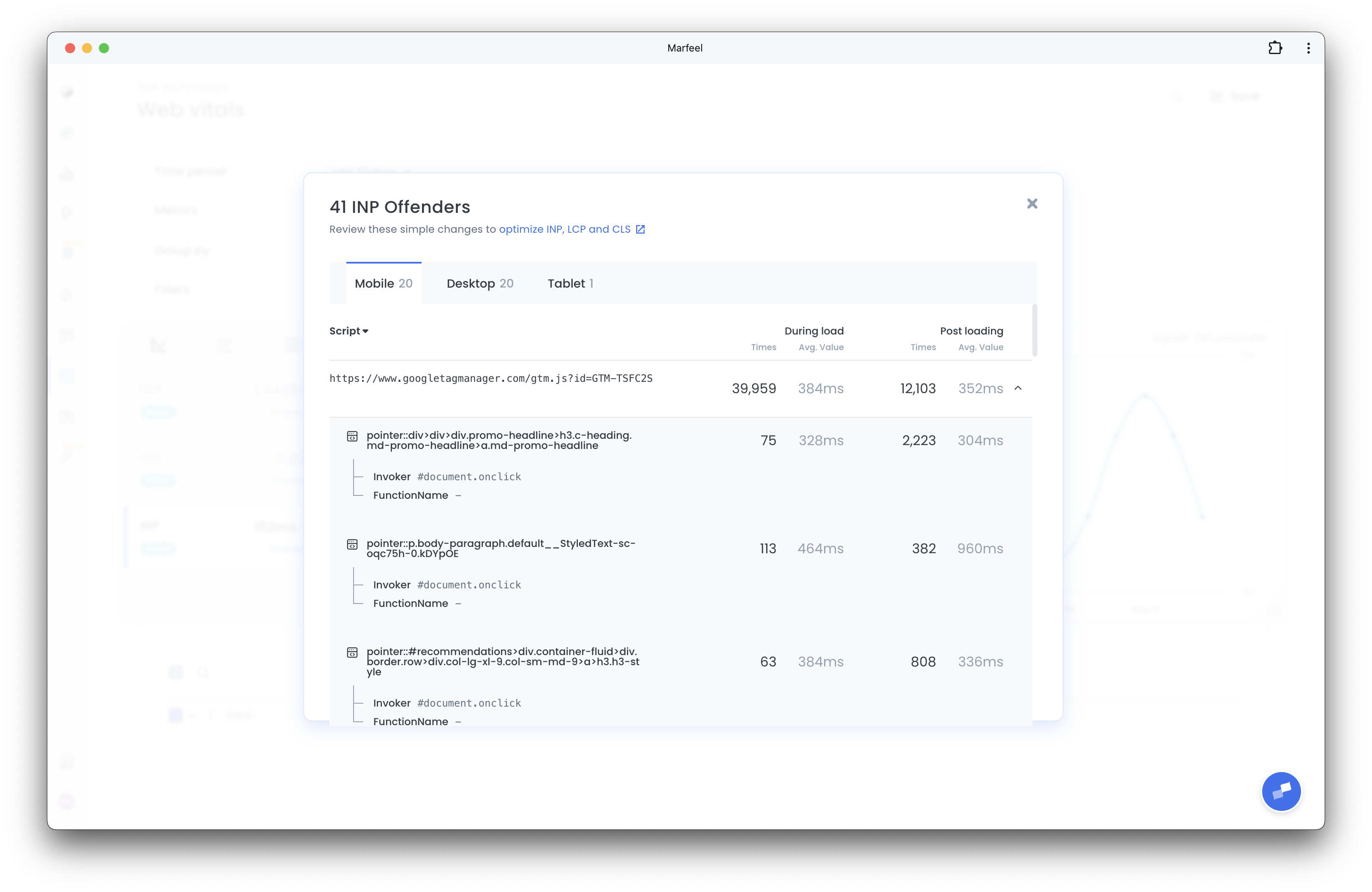 INP Offenders view with JavaScript insights showing invoker, script, and function details|690x448