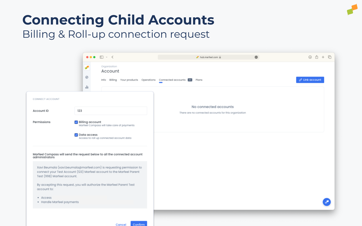 Parent account link dialog showing the account ID field and permission options|690x431