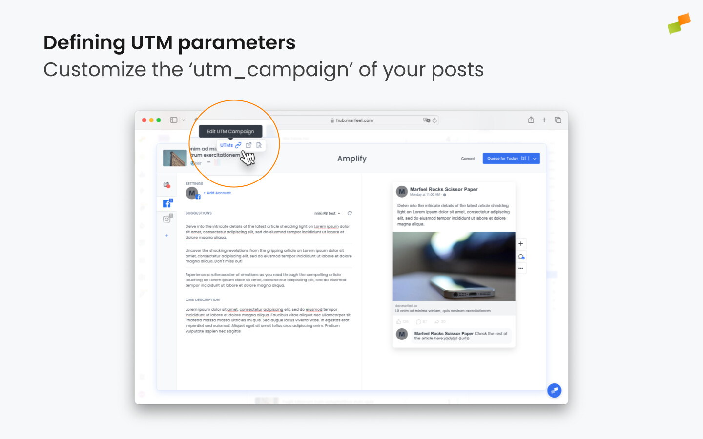 Amplify interface showing the UTM campaign parameter editor for a social post|724x453