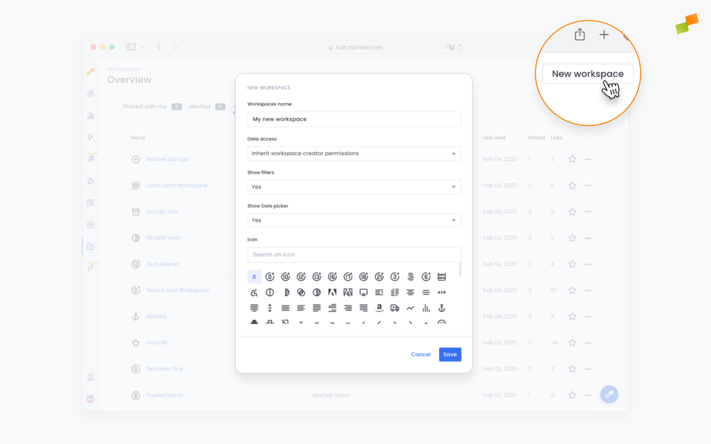 Dialog for creating and configuring a new workspace with name and access settings|690x431