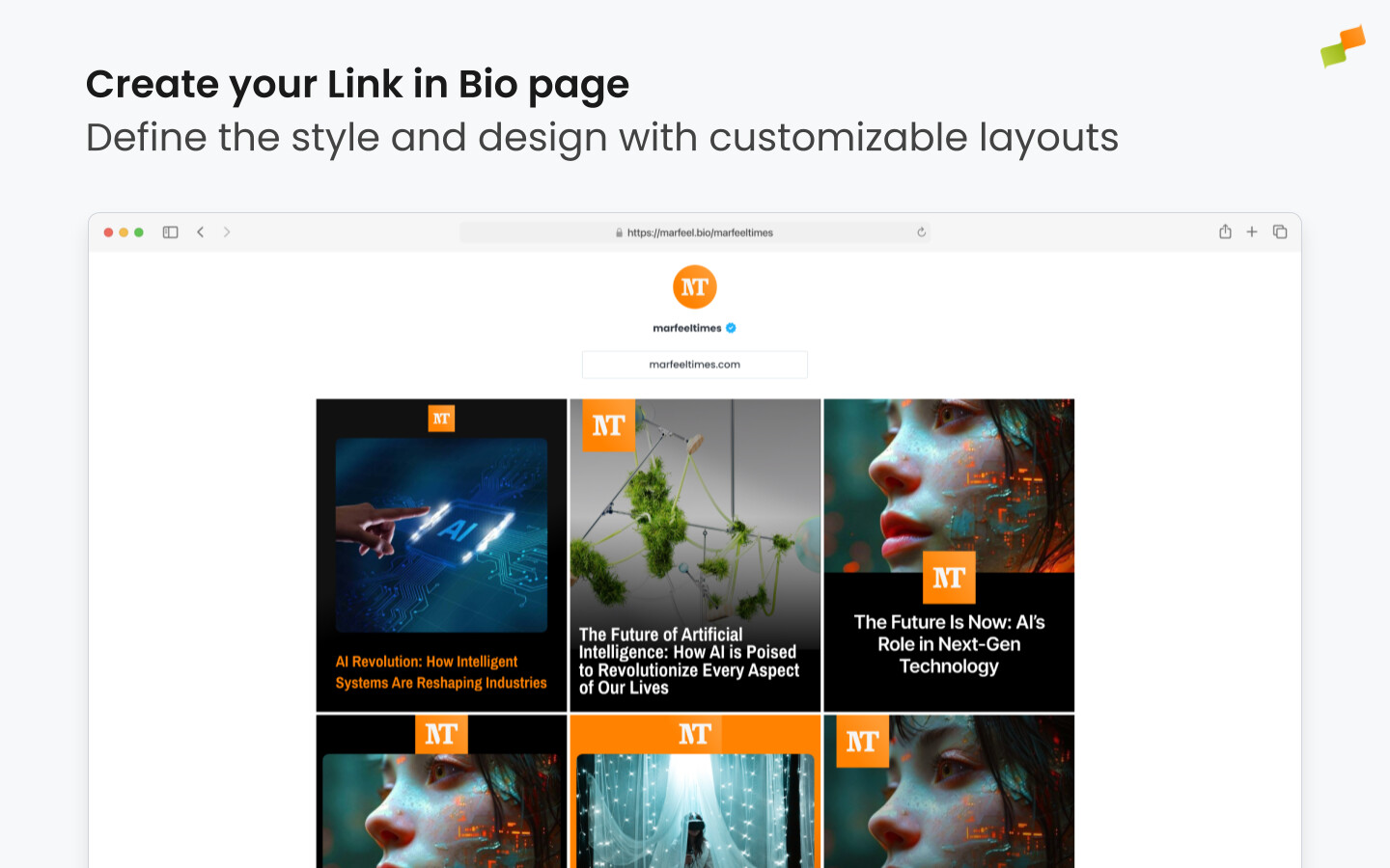 Amplify Link in Bio page showing a branded article list for social traffic|1440x900