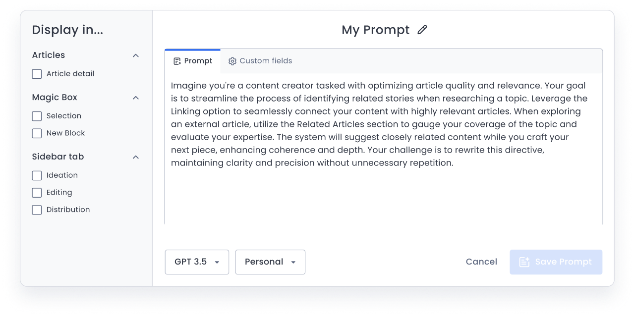 Marfeel Copilot - Custom prompt editor
