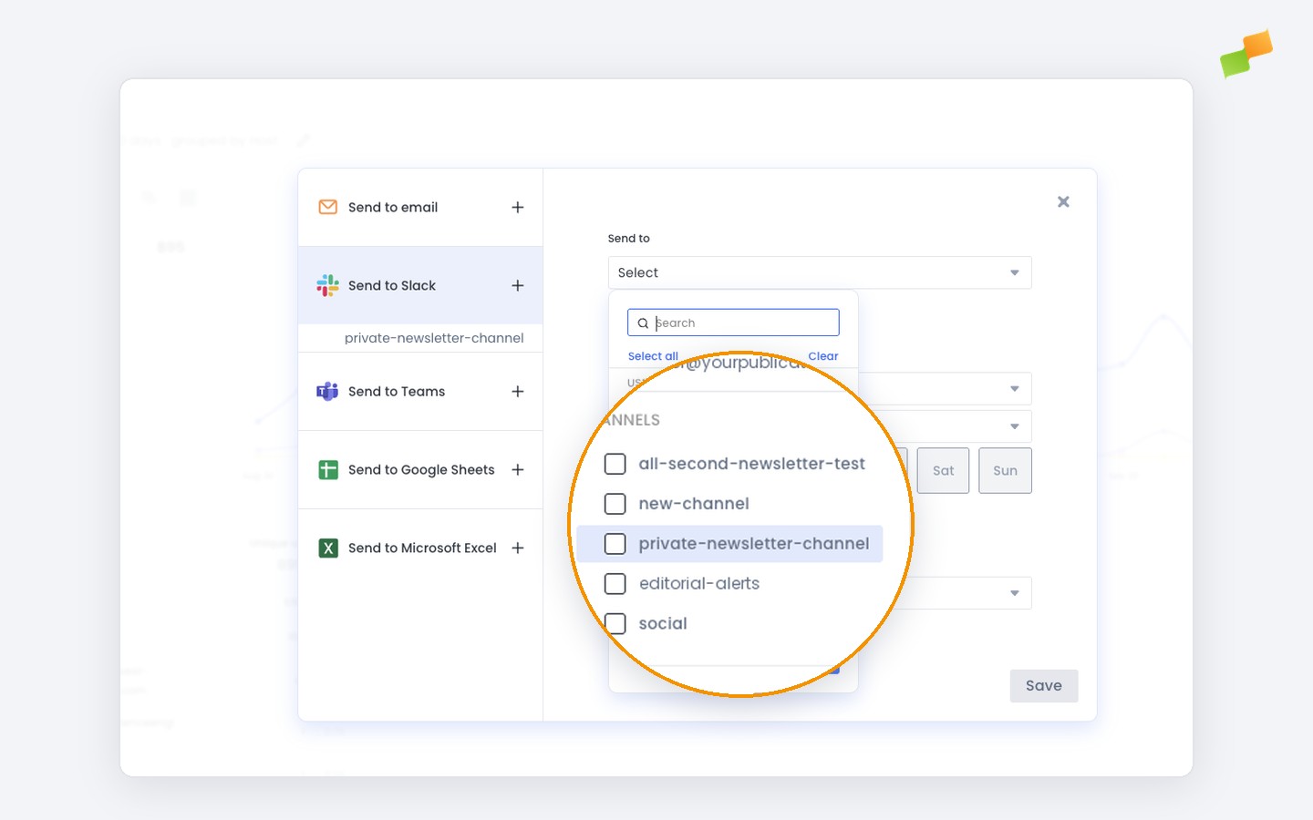 Send to Slack subscription settings listing a private channel next to public channels and users|690x431