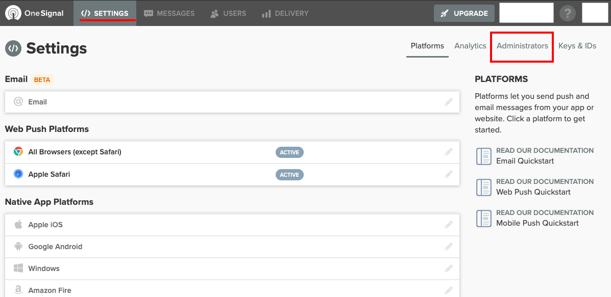 OneSignal: Administrators settings
