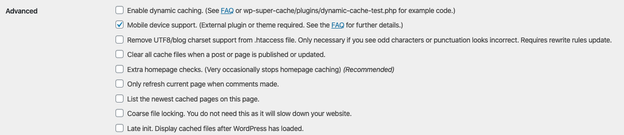 WP Super Cache settings